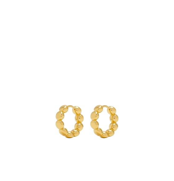 Gold hoop earrings with embedded stones on a white background