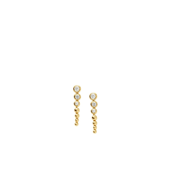 Gold earrings with small diamonds on a white background
