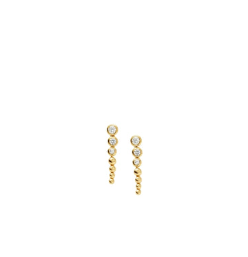 Gold earrings with small diamonds on a white background