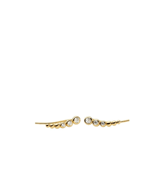 Gold earrings with small diamonds on a white background