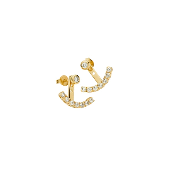 Gold earrings with small diamonds on a white background