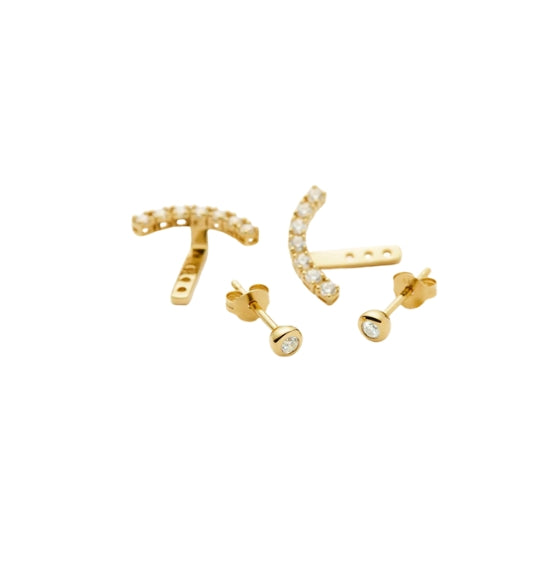Gold earrings with small diamonds on a white background
