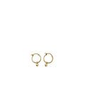 Gold hoop earrings with small round pendants on a white background
