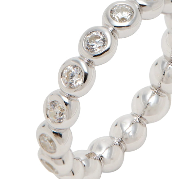 Silver beaded bracelet with clear gemstones on a white background