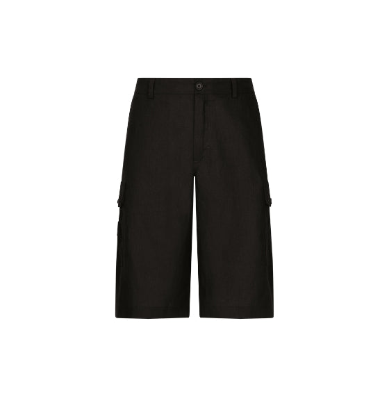 Black Linen Cargo Bermuda