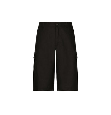 Black Linen Cargo Bermuda