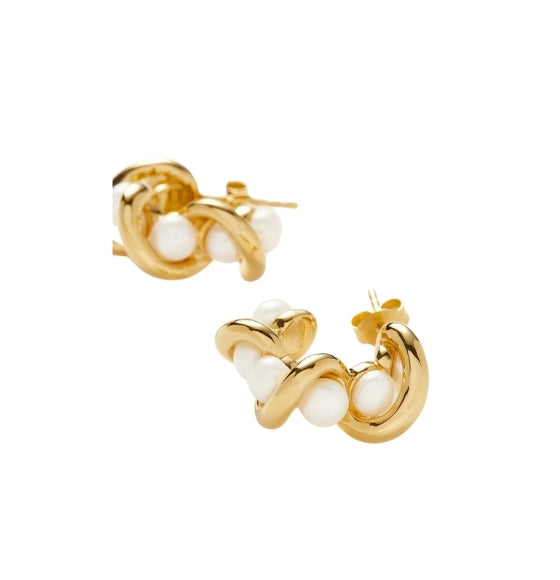 Molten Pearls Gold Twisted Mini Double Hoop Earrings