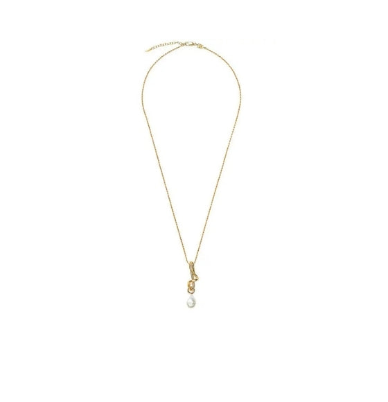 Gold Asymmetric Hoop Molten Pearl Drop Necklace