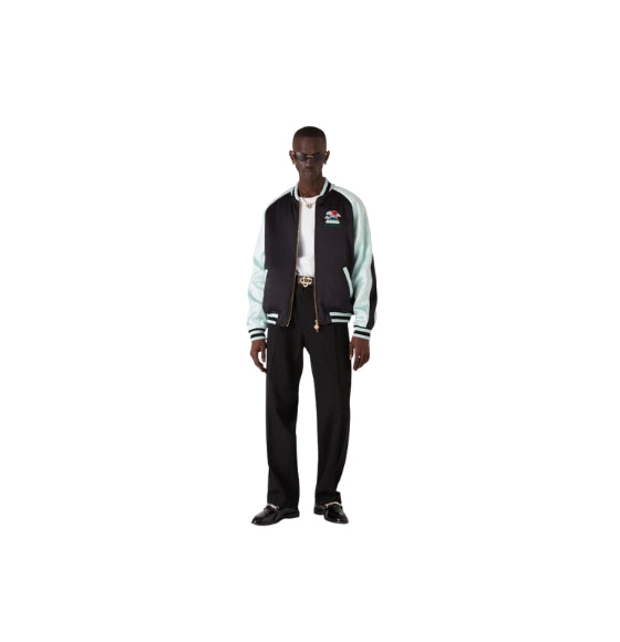 Black Embroidered Satin Bomber Jacket
