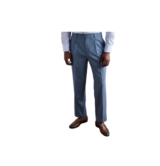 Blue Staight-Leg Pleated Trousers