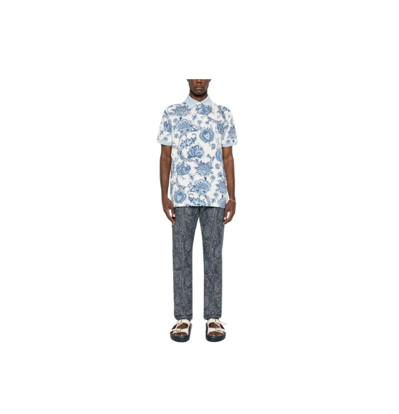 White Floral Print Polo Shirt