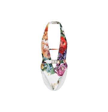 Flower Print Deep Plunge Halter One-Piece Swimsuit