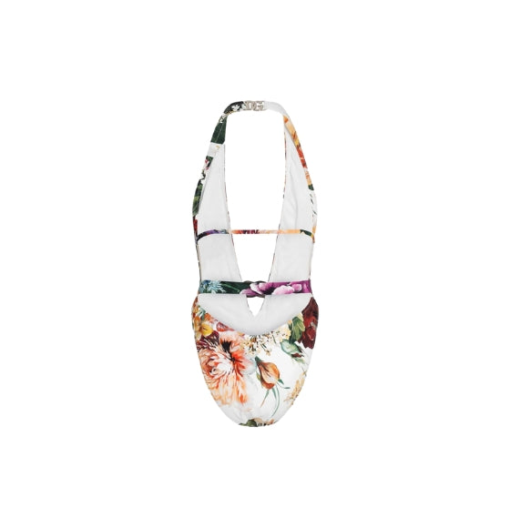 Flower Print Deep Plunge Halter One-Piece Swimsuit