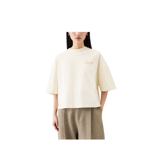 Beige Boxy Embroidered Corto T-Shirt