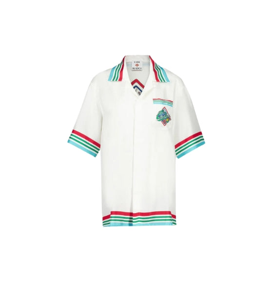 White Casa Way World Series Print Short Sleeve Silk Shirt