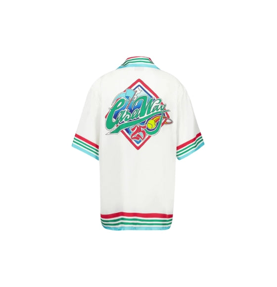 White Casa Way World Series Print Short Sleeve Silk Shirt