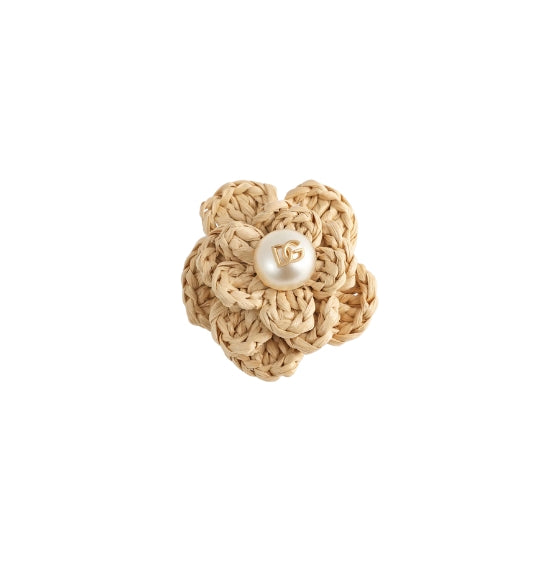 Beige & Gold Flower DG Logo Raffia Clip Earrings