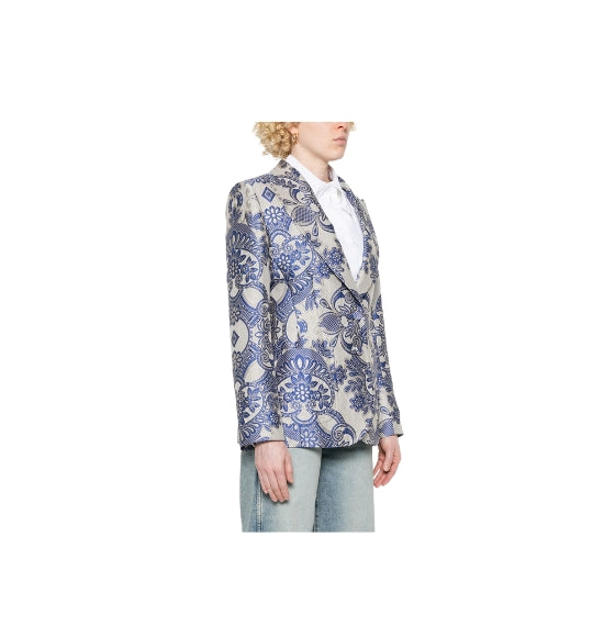 Navy Blue Single-breasted Lace Pattern Jacket