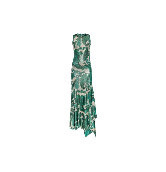 Green Laminated Paisley Print Shimmering Finish Maxi Dress