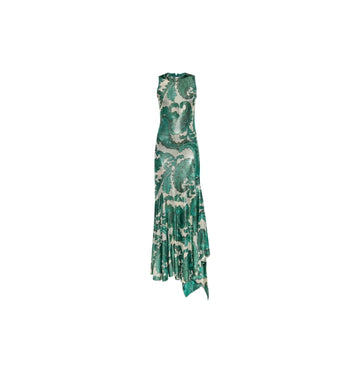 Green Laminated Paisley Print Shimmering Finish Maxi Dress