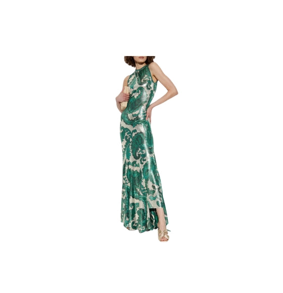 Green Laminated Paisley Print Shimmering Finish Maxi Dress