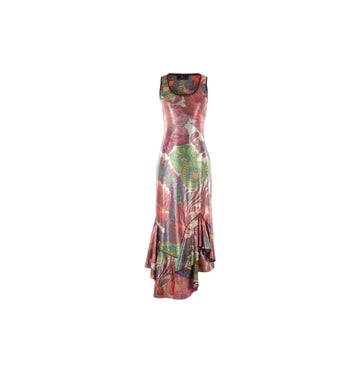 Multicoloured Laminated Paisley Print Shimmering Finish Maxi Dress