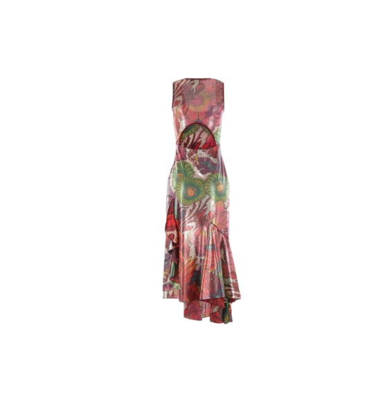 Multicoloured Laminated Paisley Print Shimmering Finish Maxi Dress