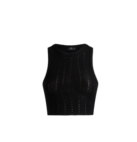 Black Knit With Punched Detail Crop Top