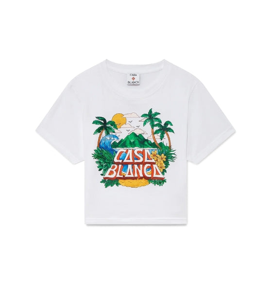 White Printed Beach Waved Cropped T-Shirt