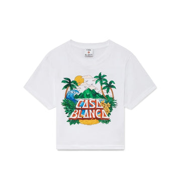White Printed Beach Waved Cropped T-Shirt