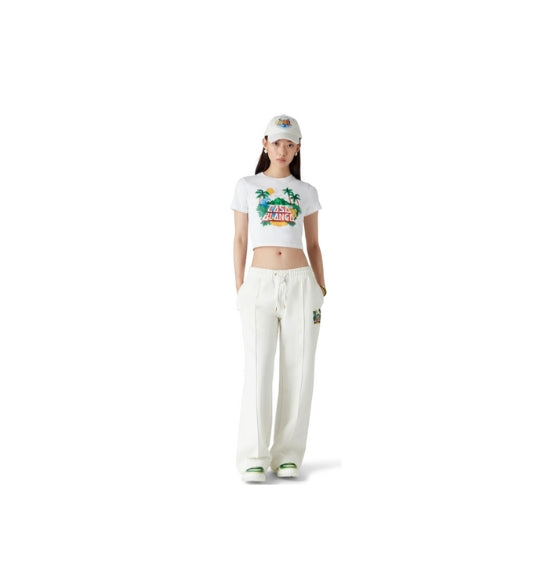 White Printed Beach Waved Cropped T-Shirt